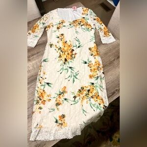 NY & Co Eva Mendes Floral & Ivory Lace Overlay Midi Pencil Dress - Sz. L